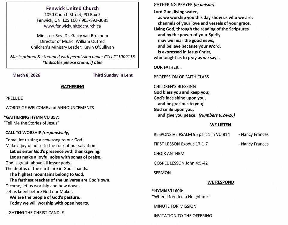 Fenwick United Church Bulletin page 1