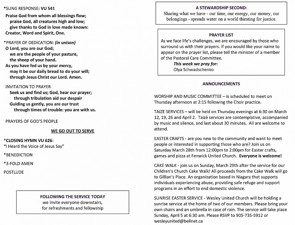 Fenwick United Church Bulletin page 2