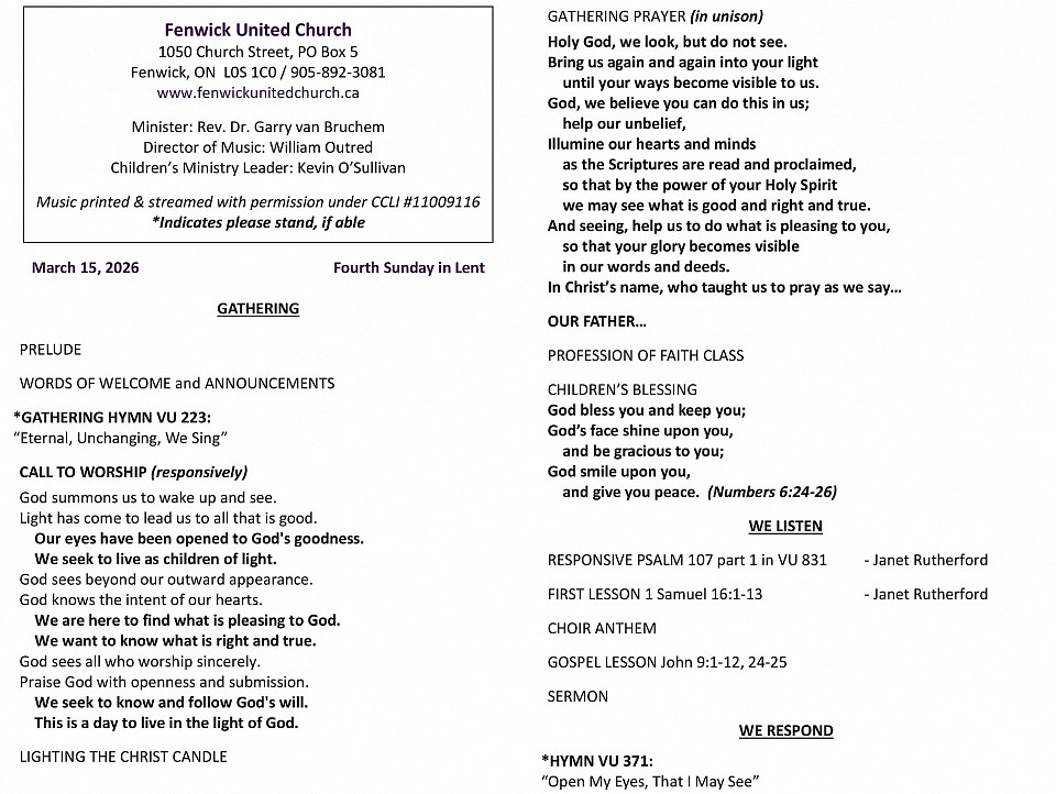Fenwick United Church Bulletin page 1