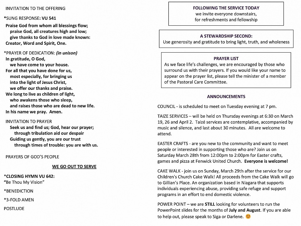 Fenwick United Church Bulletin page 2