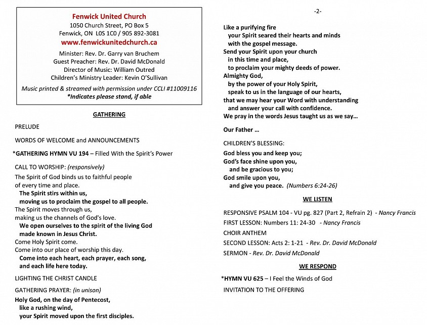 Fenwick United Church Bulletin page 1