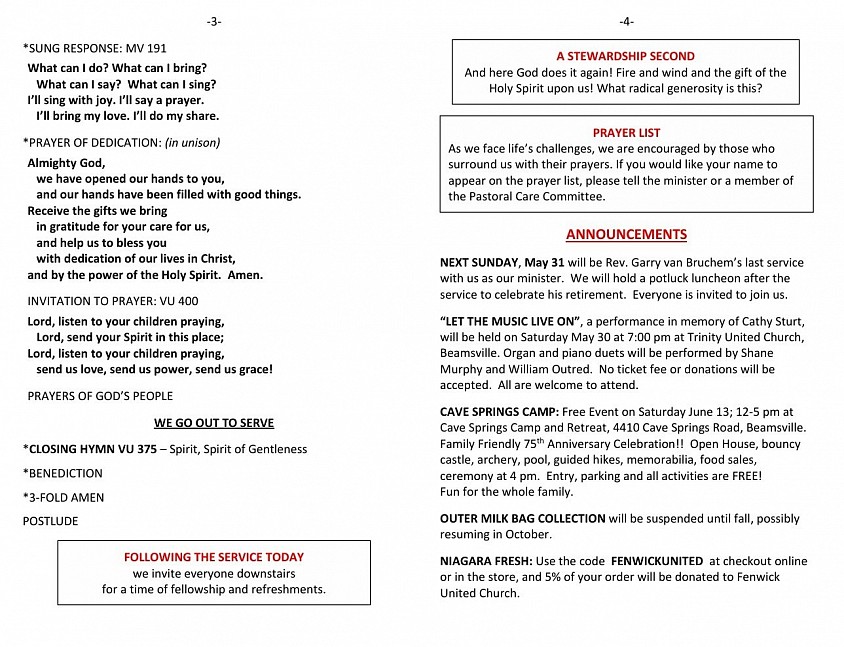 Fenwick United Church Bulletin page 2