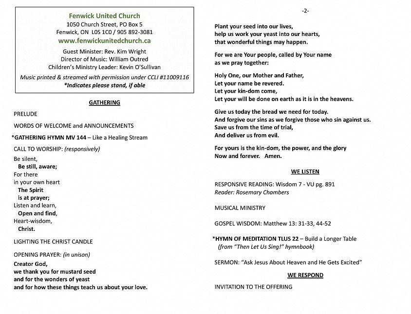 Fenwick United Church Bulletin page 1