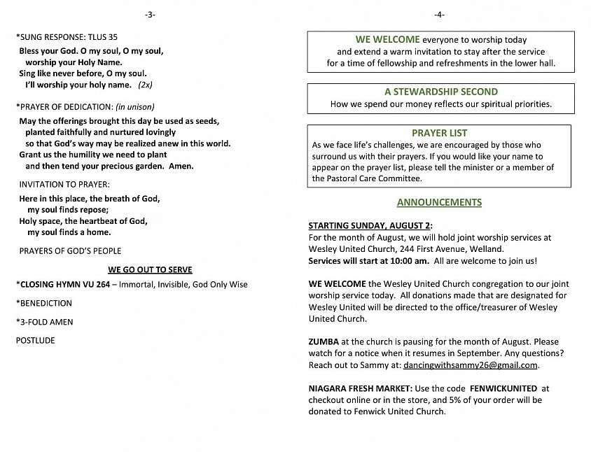 Fenwick United Church Bulletin page 2